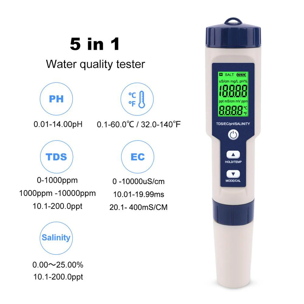 

5 in 1 Water Quality Tester Digital TDS/EC/PH/Salinity/Temperature Meter for Pools Aquariums Water Quality Detector