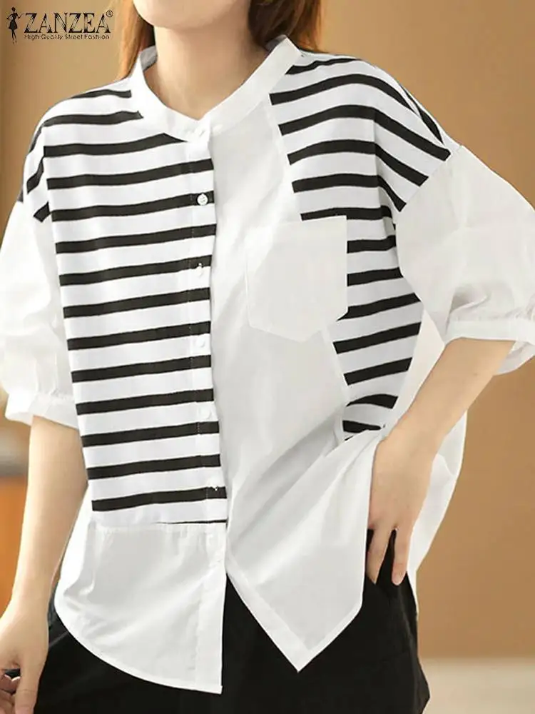 

ZANZEA Fashion Autumn Patchwork Blouse Women Casual 3/4 Sleeve Striped Shirt Loose Stylish Tunic Tops Female Buttons Down Blusas