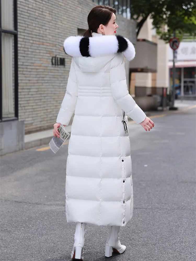 New Women Long Down Coat Winter Fashion Hooded Two-colour Real Fox Fur Collar Thicken Warm Down Jacket Female Slim Overcoat