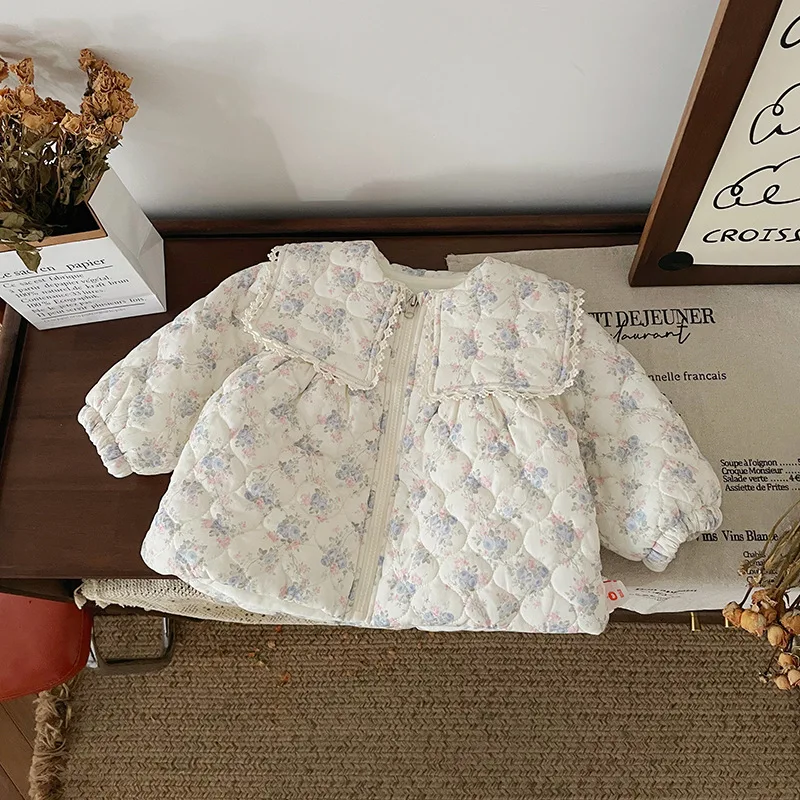 Детское хлопковое пальто с цветочным принтом для девочек термостеганые куртки
