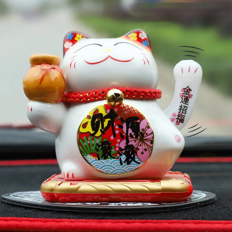 

Ceramic Lucky Cat Solar Powered Maneki Neko Waving Arm Beckoning Fortune Welcoming Cat with Car Mat Desktop Decor Charm Gift