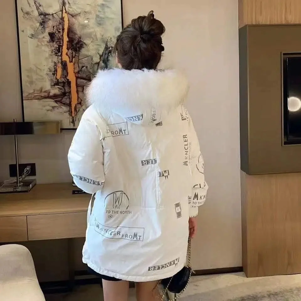 Parkas Women 2022 Winter New Down Padded Jacket Korean Loose Fashion Slim Down Cotton Coat Fur Collar Thick Warm Print Outerwear