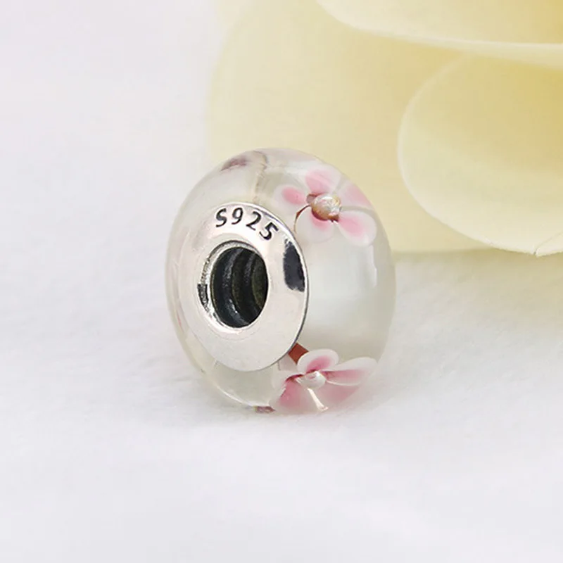 

Top Quality S925 Sterling Silver Bead Pink Cherry Blossom Lampwork Murano Glass Charm Fit Women Bracelet Bangle DIY Jewelry