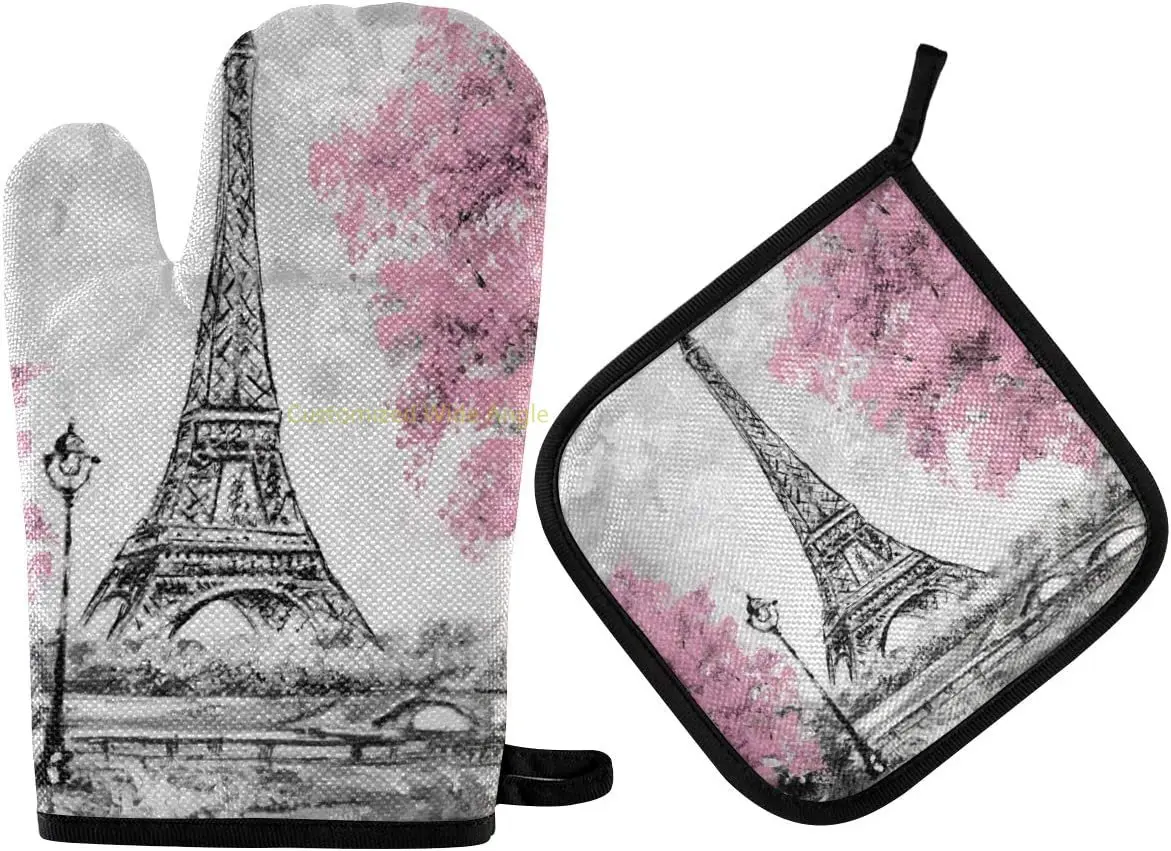 

Paris Tower Oven Mitts and Pot Holders Insulated Gloves & Kitchen Counter Safe Mats for Cooking BBQ Baking Grilling