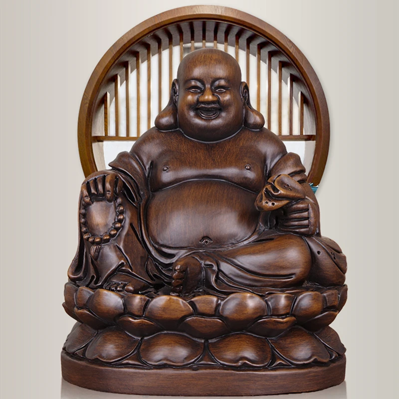 Maitreya Buddha Ornaments Solid Wood Carving Lucky Statue New Chinese Home Living Room Entrance Store Worship Wealth |