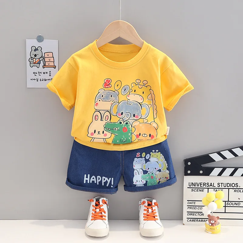 

Children Fashion Clothes Set for Baby Boys Girls Summer Cute Cartoon Animal T-Shirt& Denim Shorts 2pcs/Suit Kids Casual Clothing