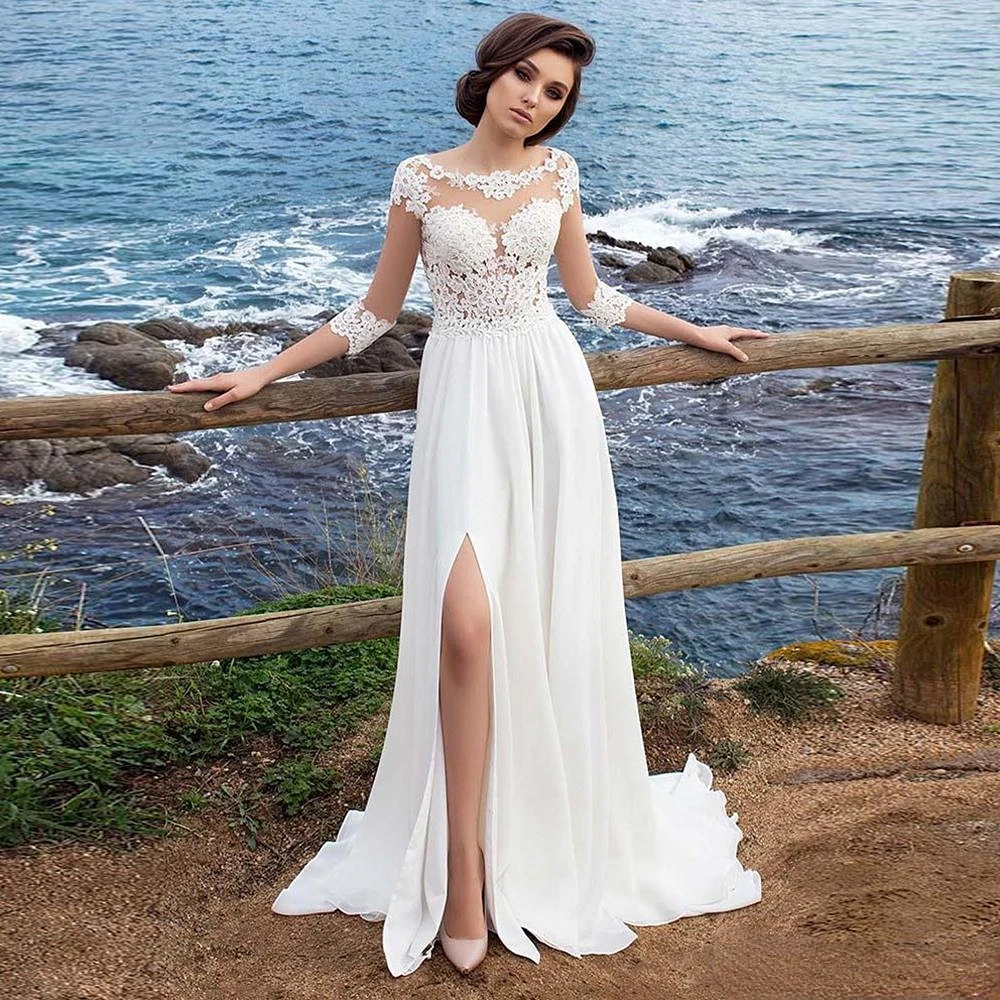 

Wedding Dress Beach Chiffon Appliques Simple Dress Vestido De Novia Playa Bridal Gown Three Quarter Sleeve Wedding Gown
