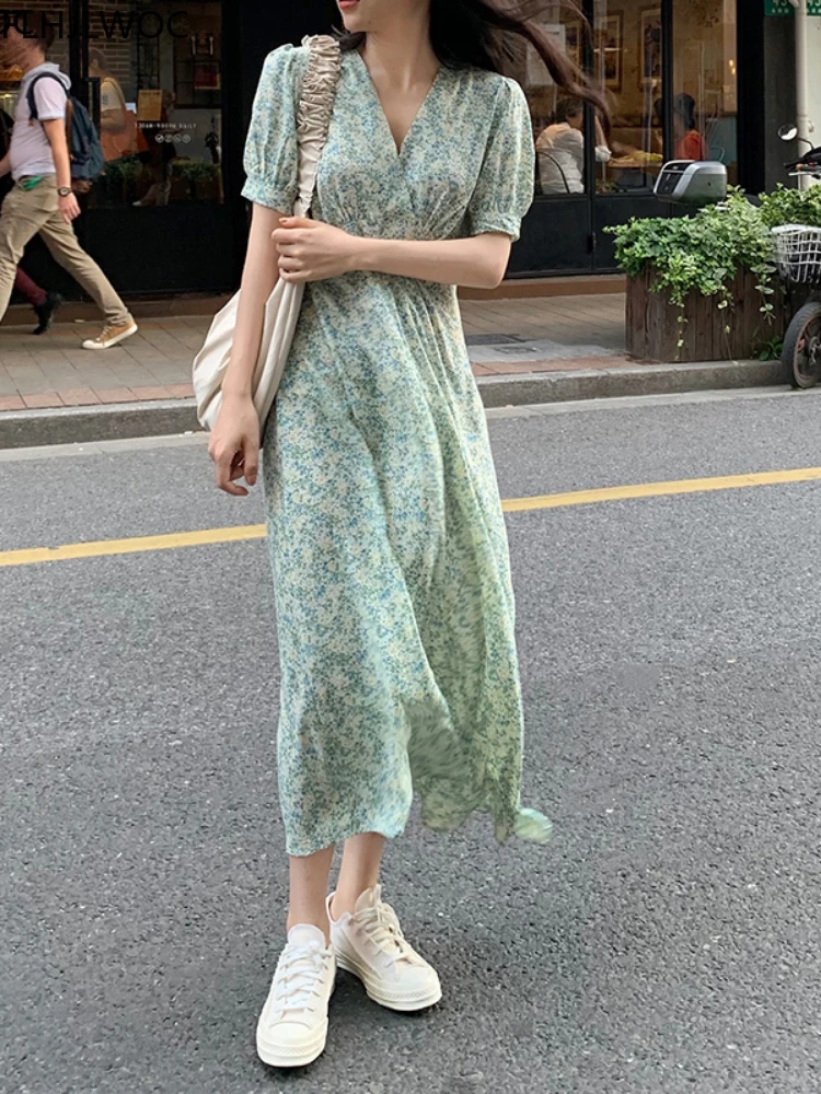 

Long Maxi Dress Summer Short Sleeve Elegant Lady Temperament Korean Chic Fashion Green Floral Print Holiday Vintage Retro Dress