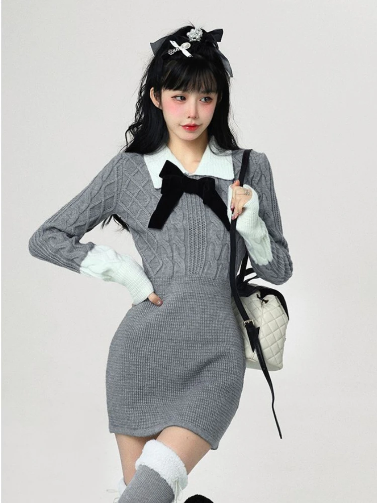 

HOUZHOU Vintage Preppy Style Knitted Dress Women Kawaii Bow Patchwork Slim Y2k Mini Sweater Dresses Korean Fashion Female Robe