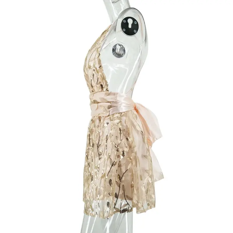 

Womens Summer Spaghetti Straps Party Mini Dress Deep V-Neck Glitter Sequins Leaf Patchwork Clubwear High Waist Cross Satin U4LF