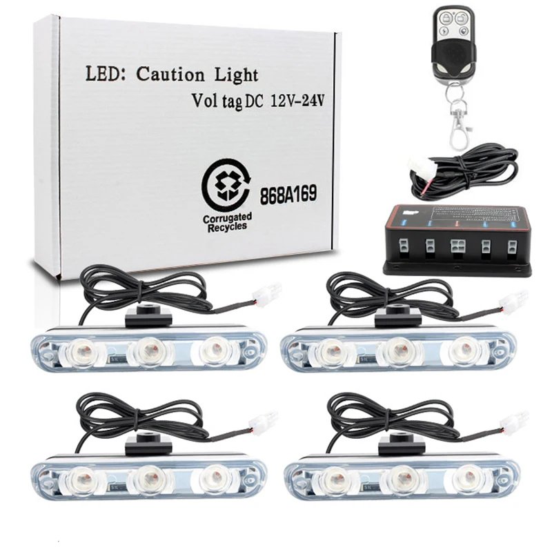 

1 Set 4*3 LED 12V Wireless Remote Control Strobe Light Led Car Flashing Light Front Grille Red And Blue Police Light