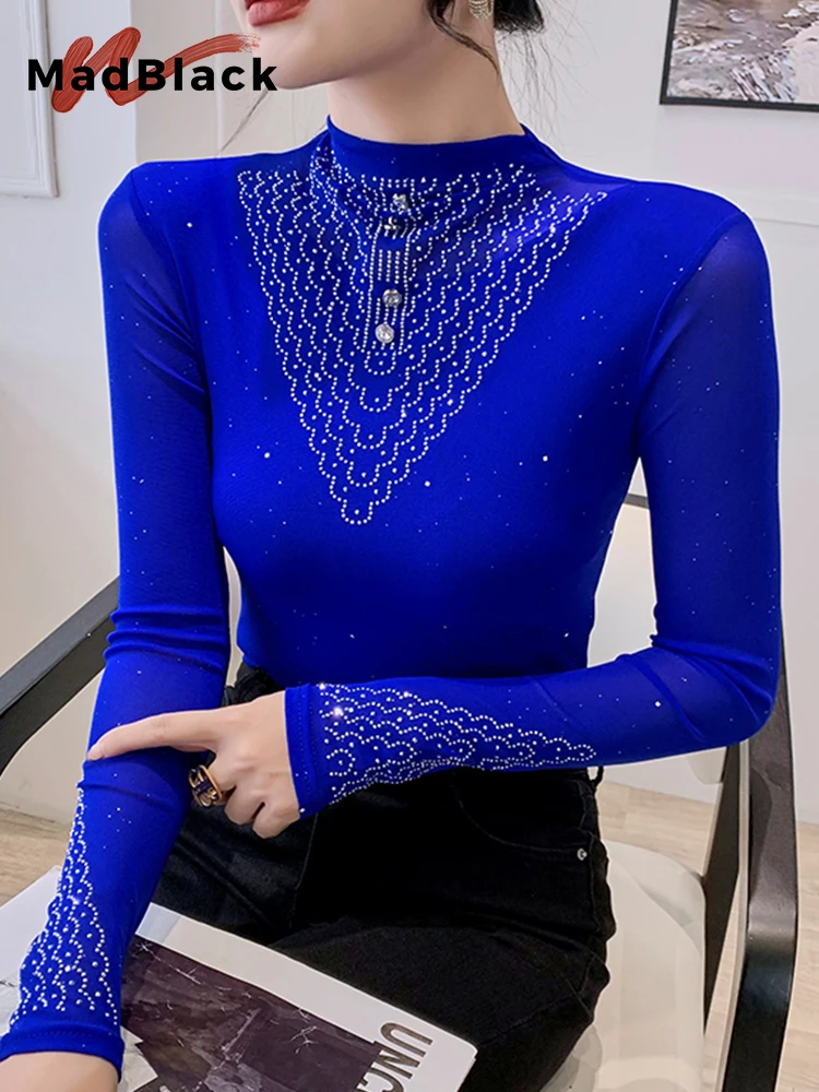 

MadBlack New Spring Hot Drill T-shirt Half Turtlenecks Women Long Sleeves Slim Basic Mesh Tops Elastic Sexy Blouse T31503X