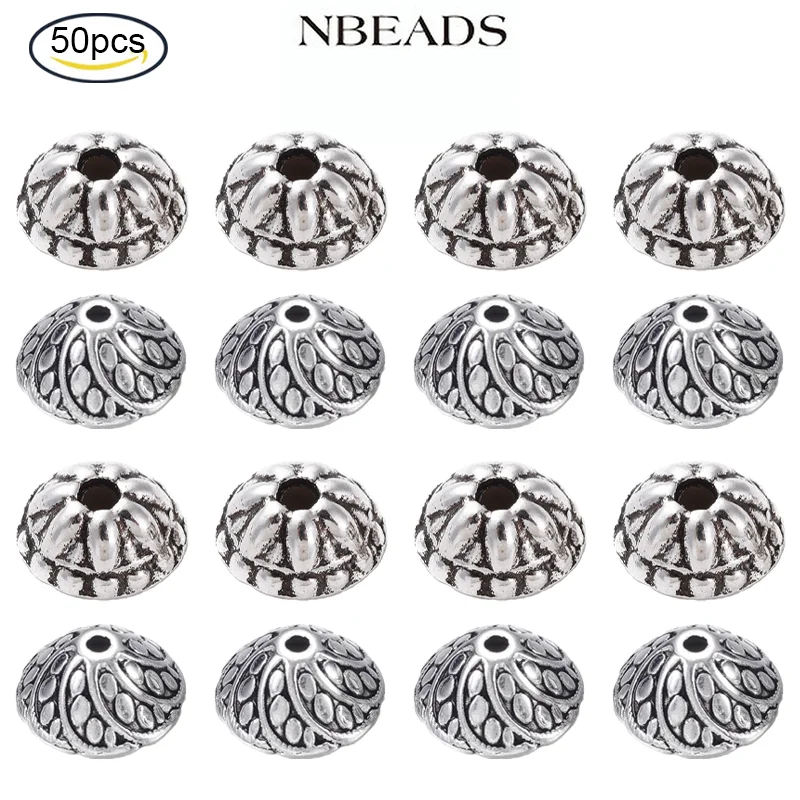 

50PCS Tibetan Style Alloy Bead Caps, Lead Free Cadmium Free and Nickel Free Column Antique Silver