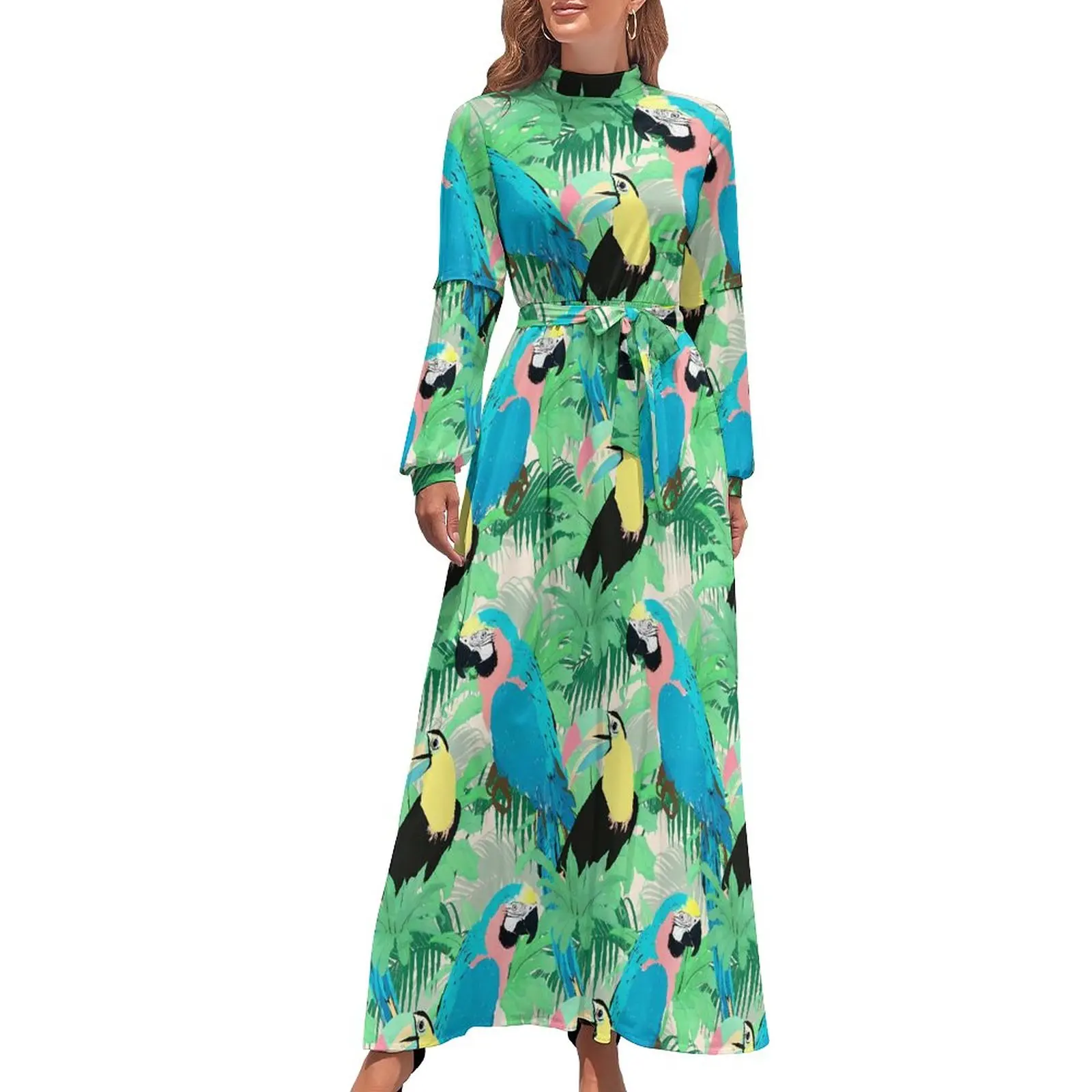 

Tropical Birds Dress Green Leaf Print Street Wear Bohemia Dresses Female Long Sleeve High Waist Trendy Long Maxi Dress