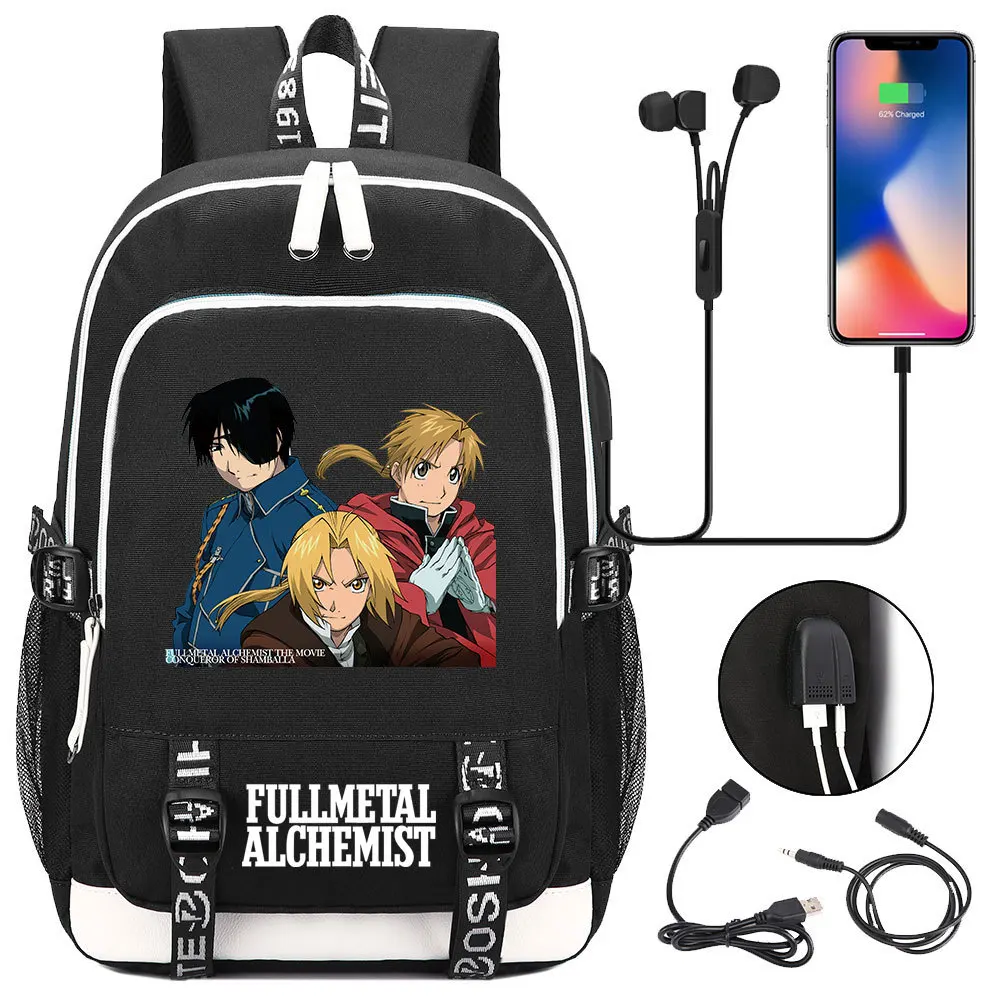 

Anime Fullmetal Alchemist USB Charging Backpack Canvas Knapsack Student Cartoon Schoolbag Teenager Packsack Travel Laptop Bag