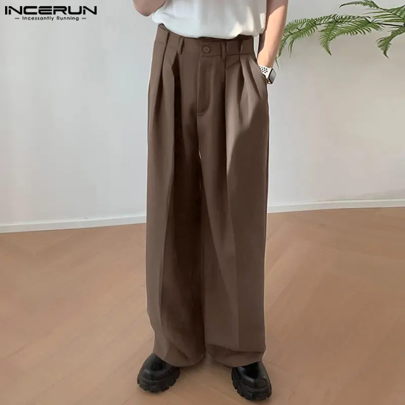 

2023 Men Pants Solid Button Loose Pockets Streetwear Korean Style Casual Wide Leg Trousers Men Fashion Long Pants S-5XL INCERUN