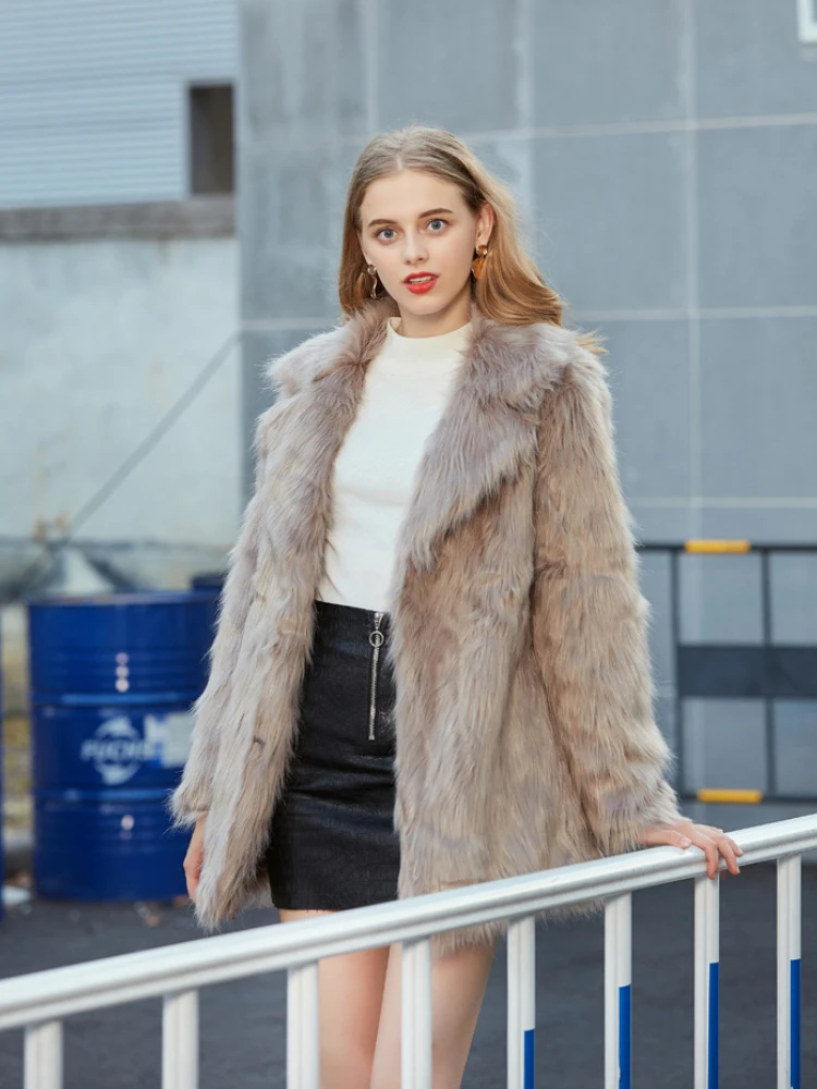 Elegant Ladies Faux Fox Furry Coat Women 2022 Winter Fashion Suit Collar Faux Fur Office Midi Coat Casual High Street Outwear
