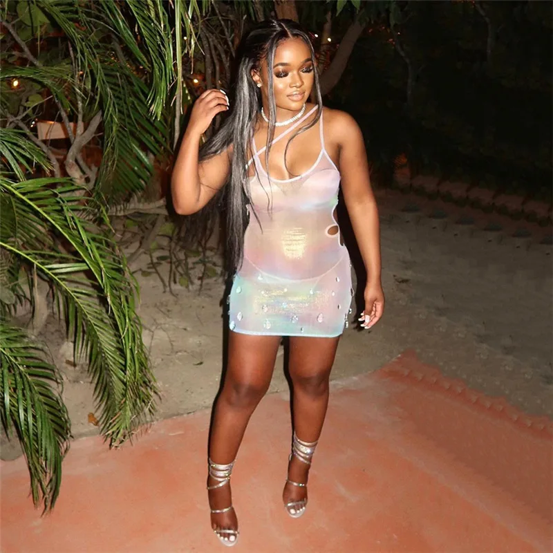 

Gradient Sexy Party Dress Women Hollow Flowers Mesh See Through Rhinestones Strap Mini Bodycon Midnight Slim Clubwear