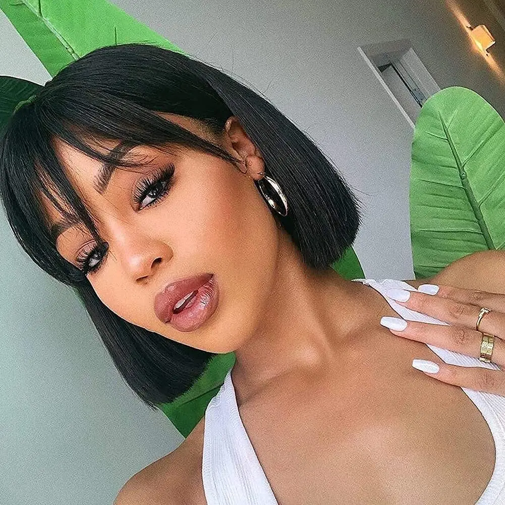 

Straight Bob Human Hair Wigs With Bangs Short Brazilian Human Hair Bob Wigs For Woman No Lace Full Machine Made Human Hair Wigs