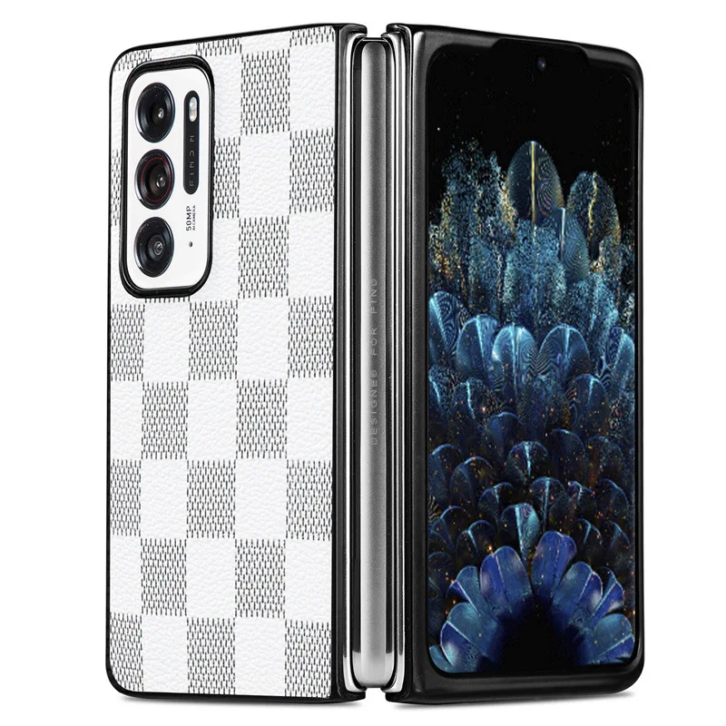 

2022 Business Fashion Grid pattern Case For OPPO Find N leather+PC Phone Protective Cover Coque for OPPO FindN PEUM00