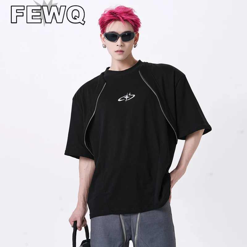 

FEWQ Spliced Men's T-shirts Half Sleeve Y2k Personalized Design Male Metal Zipper O-neck Tops Casual Tee 2023 Trendy New 24B2677