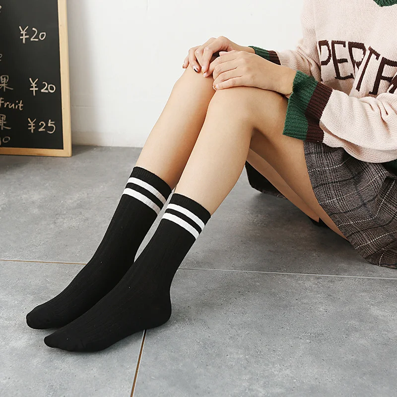 2023 Spring Socks Women Woman Korean Version of The Two Bars Japanese Striped Cotton Tube Pile Sock Ins Tide Socks College Style