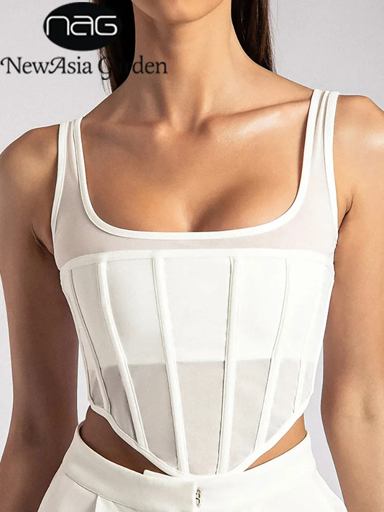 

NewAsia Mesh Corset Top Cut out See Through Boning Elastic Bodycon Bustier Single Breasted Crop Tank Top White Women Sexy Cami