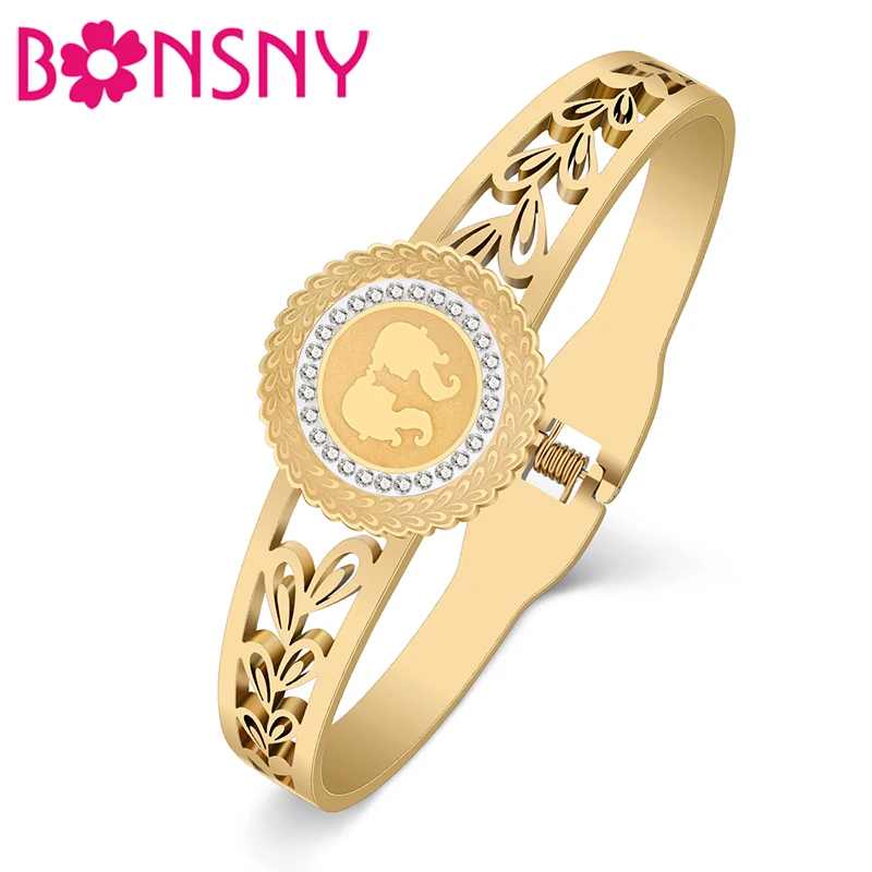 

Bonsny Stainless Steel Gold-plated 12 Zodiac Sign Rhinestone Pisces Bangles Constellation Hollow Out Cuff Bracelet For Women