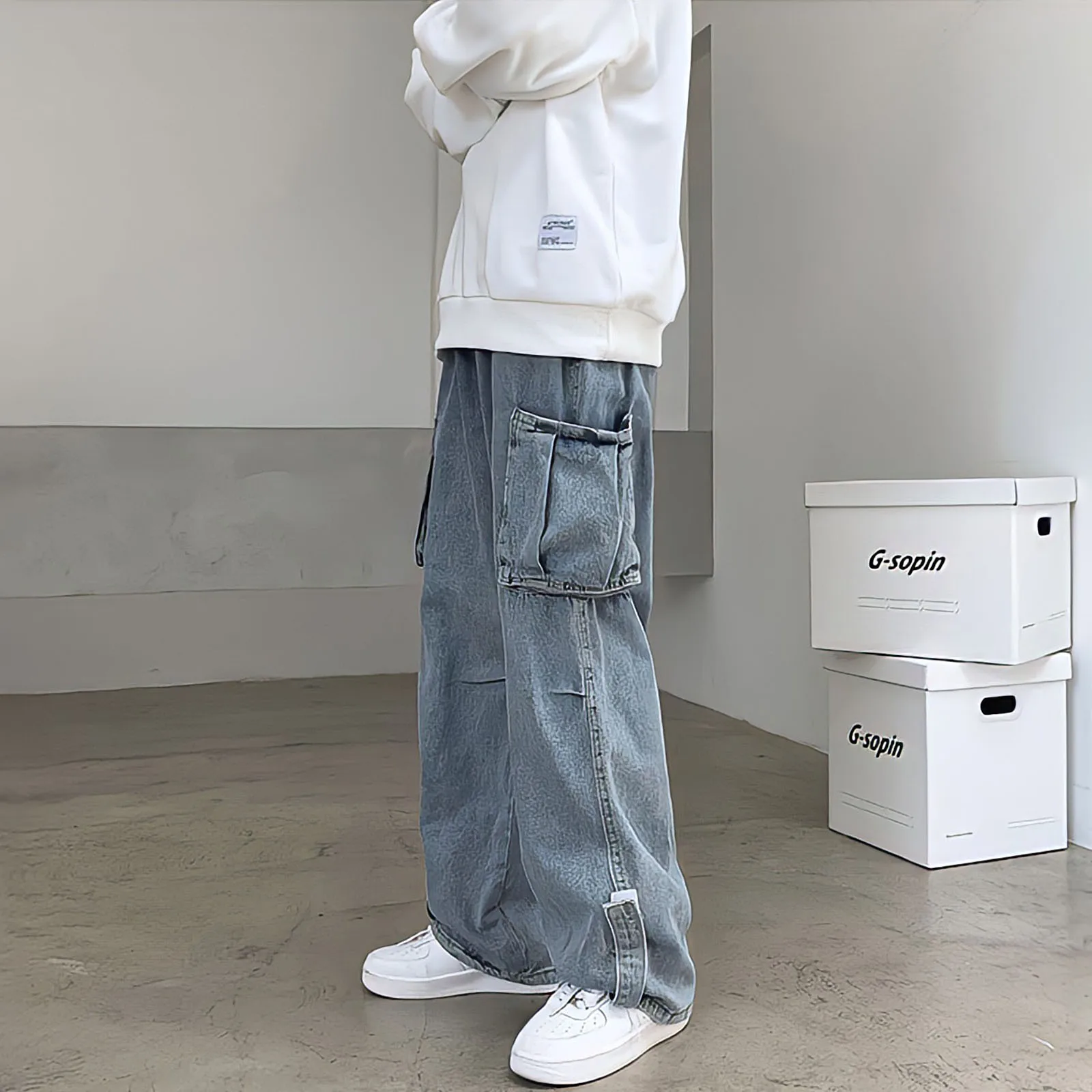 Harajuku Vintage Blue Baggy Jeans Man High Waist Y2k Streetwear Fashion Hip Hop Cargo Pants Straight Wide Leg Denim Trousers