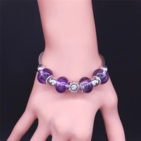 sunflower stainless steel purple glass bead bracelet silver color women bracelets jewelry pulsera acero inoxidable mujer bxs07
