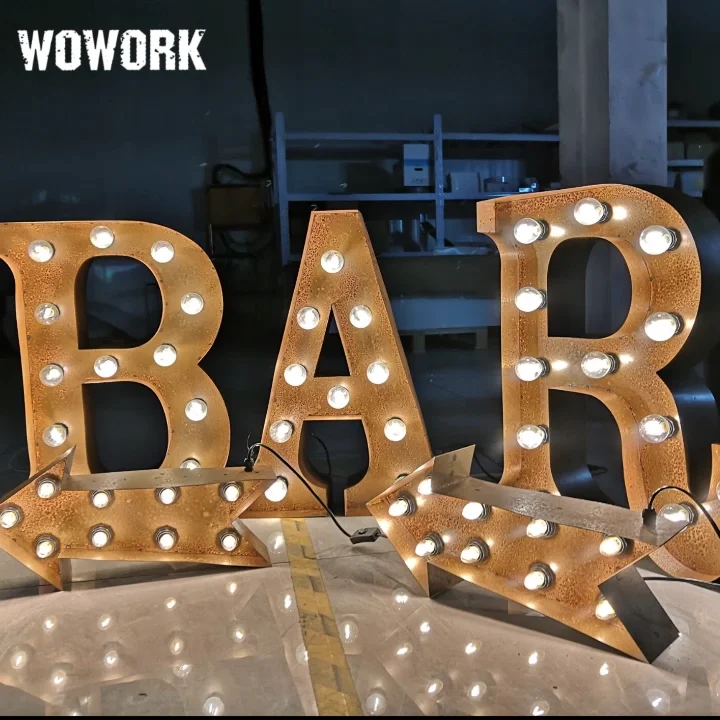 

2022 WOWORK watertight bespoke 3D solid vintage metal marquee star bulb lights for shop window display