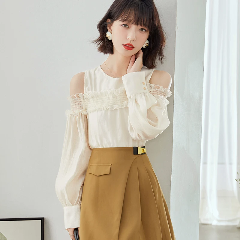 

Apricot Blouse 2022 Autumn New Women Long Sleeve Off The Shoulder O-neck Slim Casual Tops Lady Elegant Chic Dress Shirt Apricot