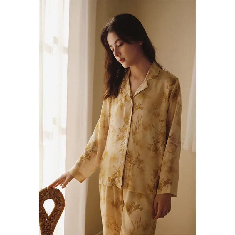 2024 атласная Женская благородная атмосферная печать с длинными рукавами Пижама