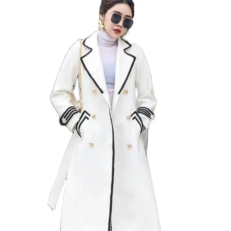 Women White V-neck Mid-Length Woolen Coat 2021 Autumn Winter Female New British Hepburn Style Slim Black Double-Breasted Jacket