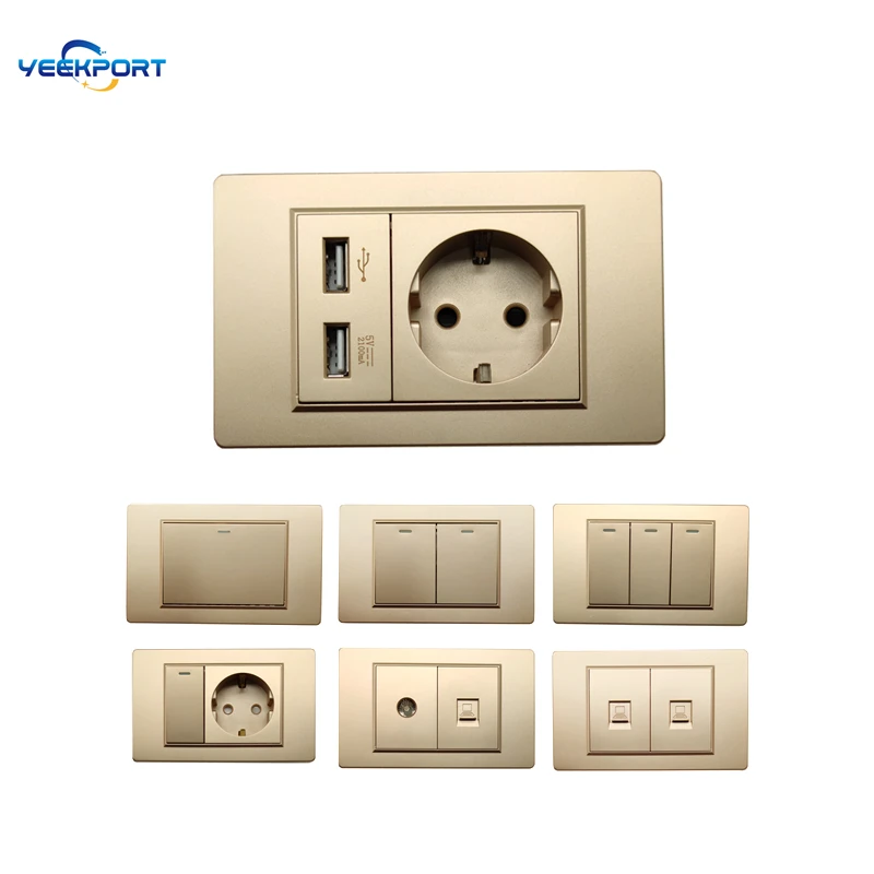 

118mm EU Household German Standard Golden PC flame retardant panel 16A 2-hole Power Plug Wall Socket with 2USB Ports