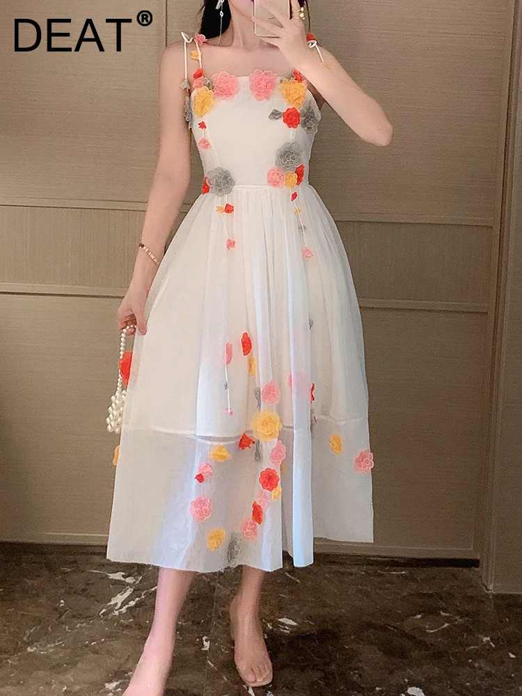 

[DEAT] Elegant Female Spliced Asymmetric Flower Elegant Dress Party Slim Suspender Fashion Dresses Women 2023 Spring 13DB1095