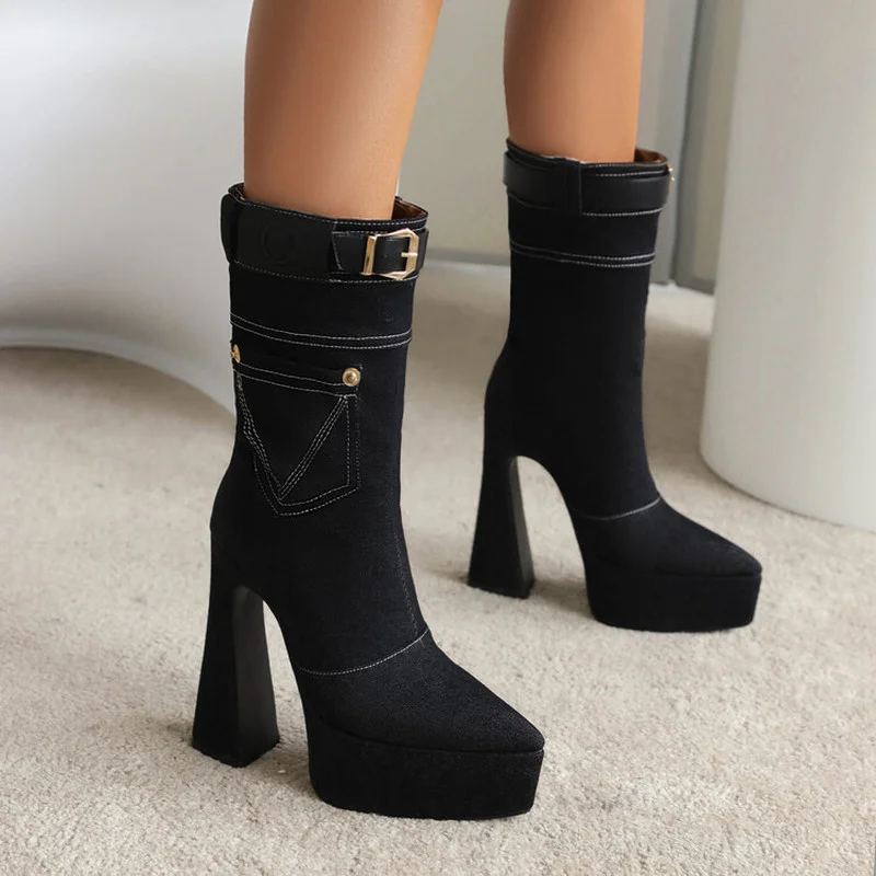 

Women's Boots Sexy Round Toe Party Boots Chunky Heel Mid-Calf Boots Platform Shoes Genuine Leather Women Boots Thigh High Boots