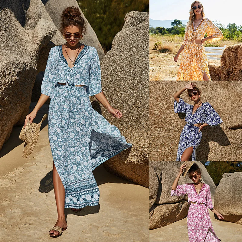 

LIZHILIZHI Summer Bohemian Print Long Dress V-Neck Sexy Top Skirt Two Piece Ladies Long Dress Casual