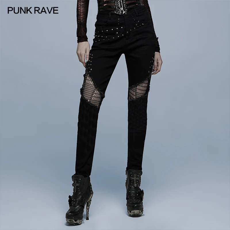 PUNK RAVE Women's Punk Heavy Metal Rivets Produce Irregular Denim Trousers Black Slim Sexy Pants Spring/Autumn