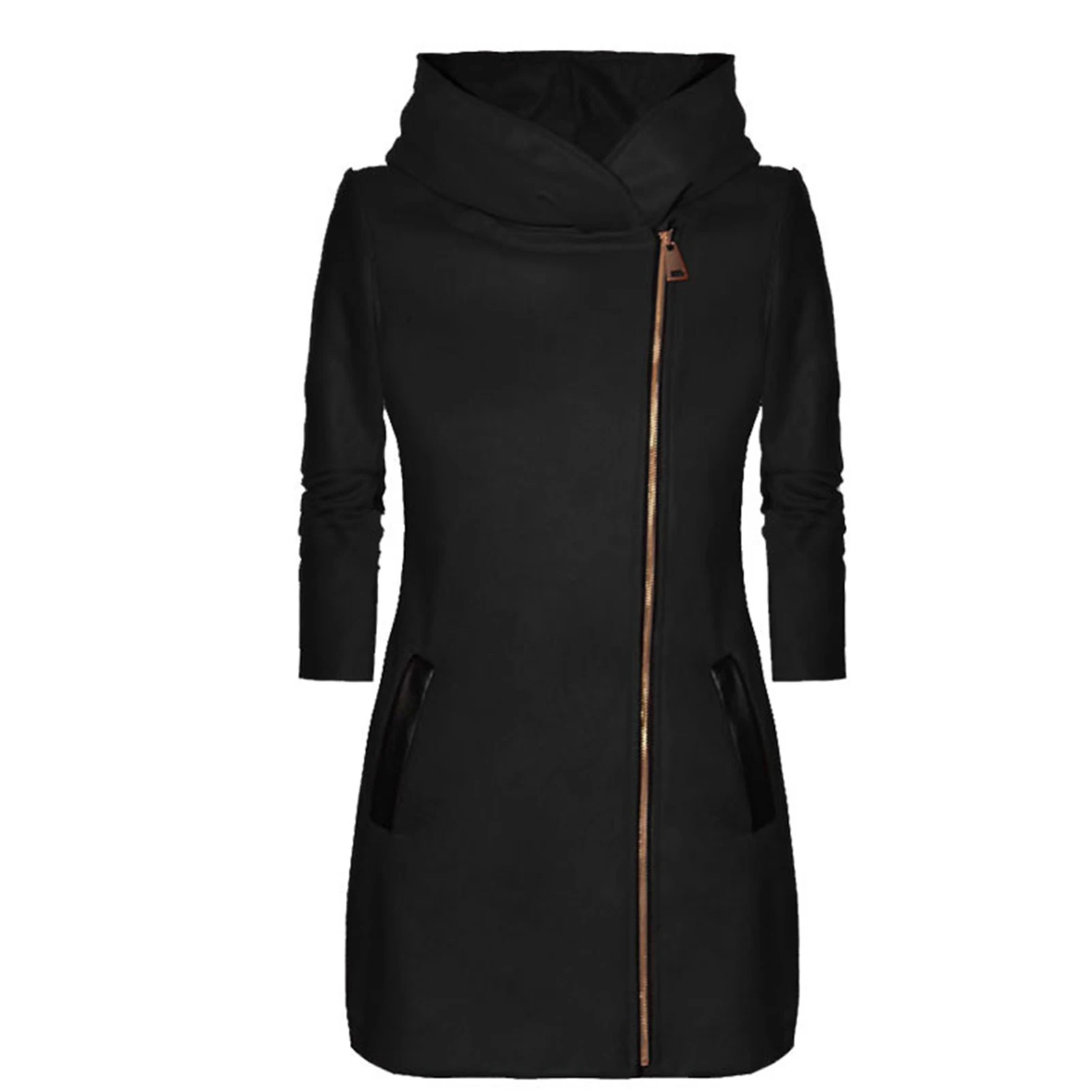 

Women's Winter Jacket With Hood & Pockets Side Zipper Mid-Length Coat