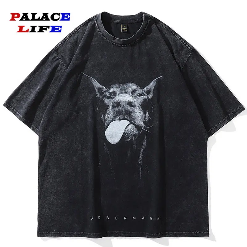 

Funny Doberman Dog Graphic T Shirt Men Hip hop Retro Streetwear Oversized Cotton T Shirt Washed Black Top Harajuku Tee 2023
