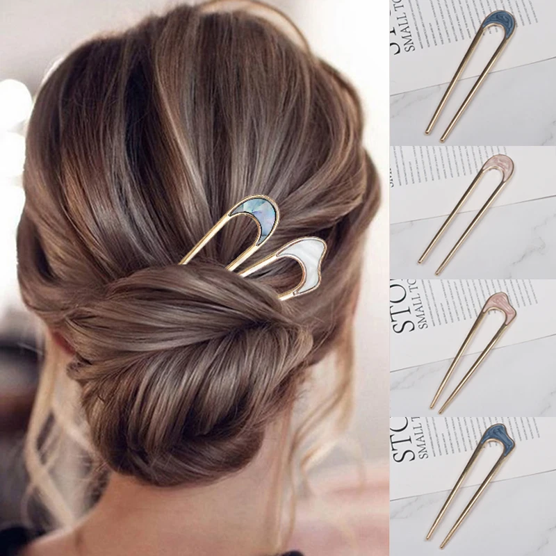 

Fashion Luxury Silver Gold Color Elegant Shell Enamel Hairpin for Women Metal U Shape Hair Stick Hairwear Accessories Jewelry