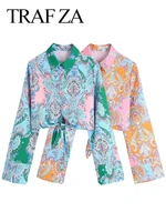 traf za fashion print shirt plant flower cardigan button lapel long sleeve slim hem lace up bow short blouse women daily wear