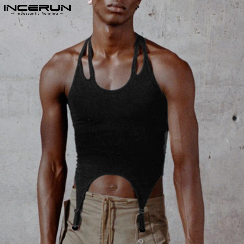 

2022 Men Tank Tops Streetwear Sleeveless Hollow Out Irregular Vests Solid Color Sexy Casual Straps Men Clothing S-5XL INCERUN