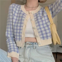 ins korean style autmun plaid cardigan women buttons casual cropped knitted sweaters coat pull femme blusa de frio feminina