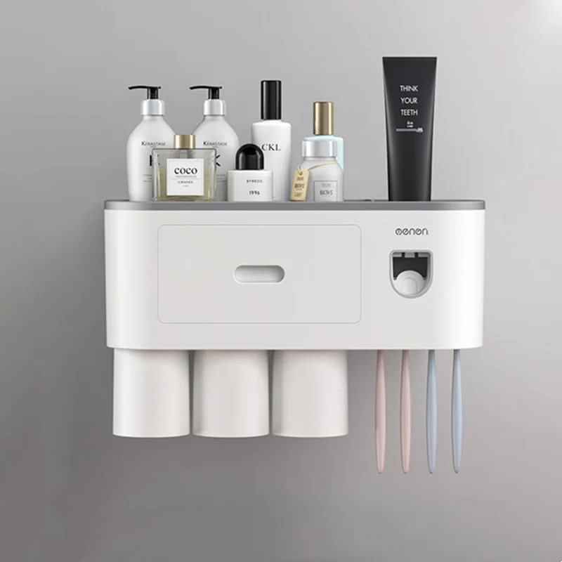 

Bathroom Toothbrush Holder Set Punch-free Double Automatic Toothpaste Dispenser Wall-mounted Storage Bathroom Accessories