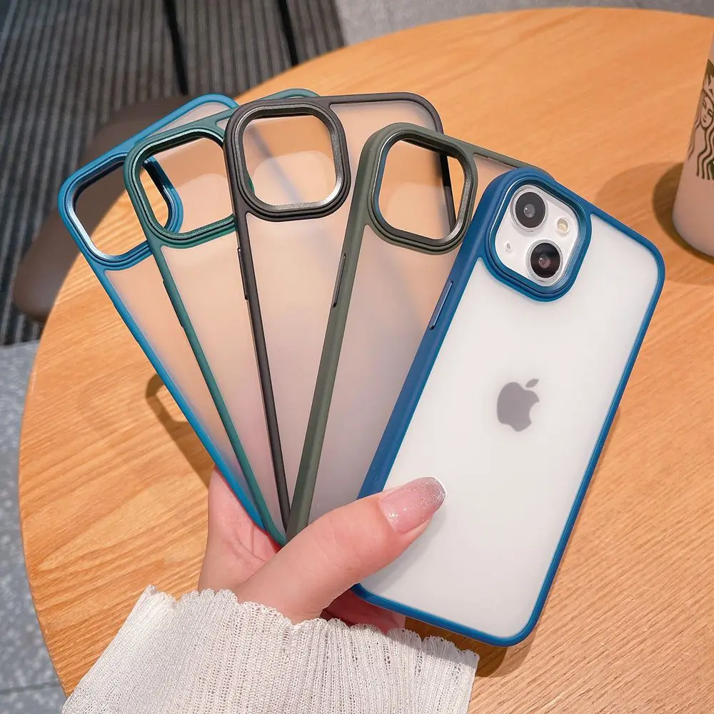 

Translucent Matte Half Clear Acrylic Back Cover For iPhone 13 11 12 Pro Max XR X XS 7 8 Plus Case Metal Camera Silicone Frame