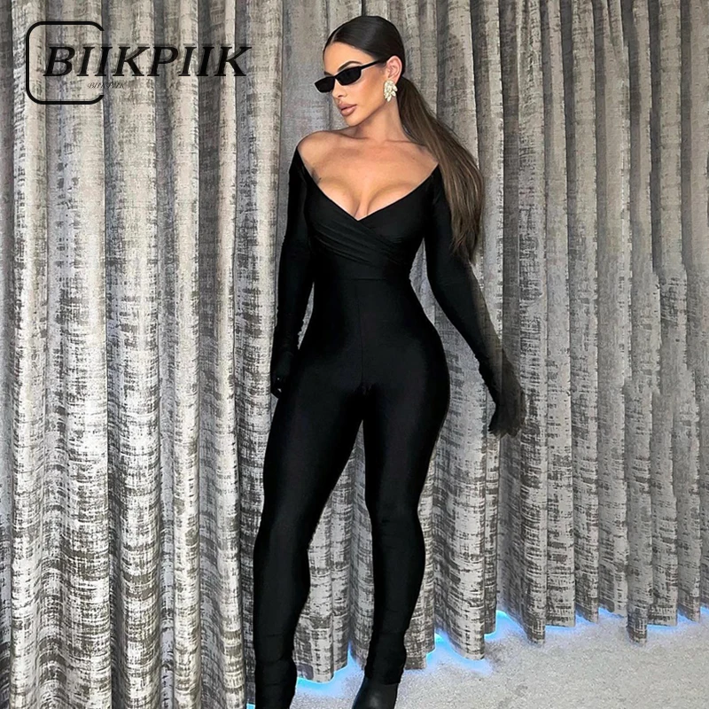 

BIIKPIIK Solid Deep V Neck Sexy Jumpsuits Long Sleeve Slim Casual Consice Jumpsuit For Women Autumn Vintage One-pieces Cloth Hot