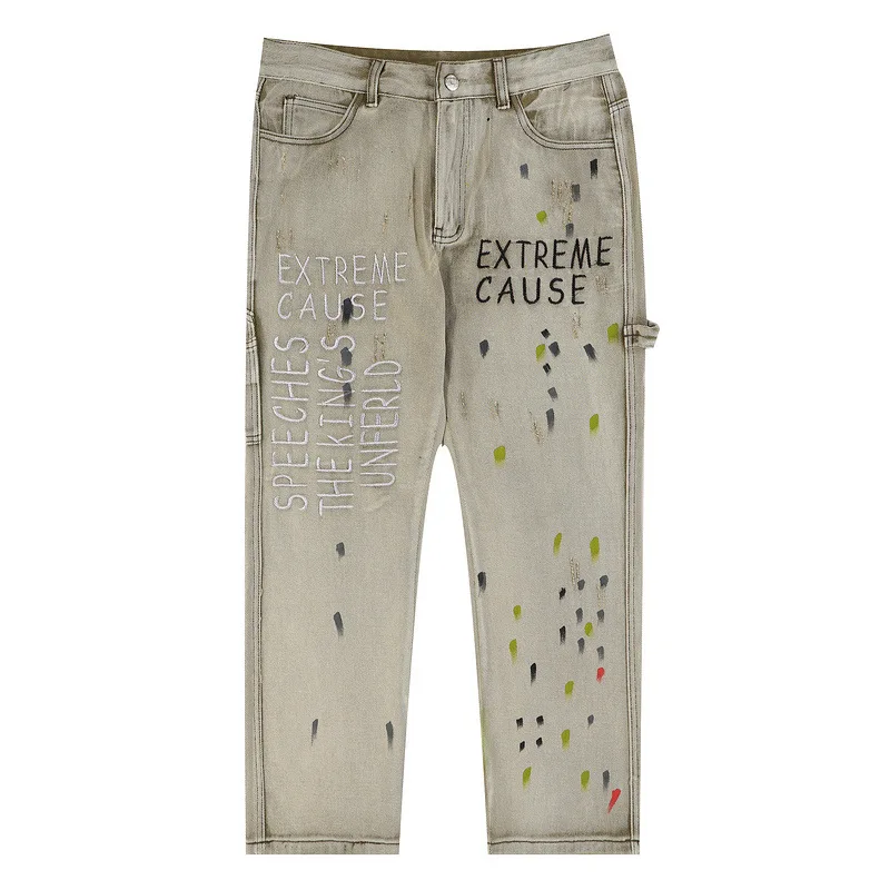 

Джинсы Рваные в стиле хип-хоп, прямые брюки с потертостями, модные повседневные свободные штаны из денима в стиле Харадзюку с граффити, уличная одежда