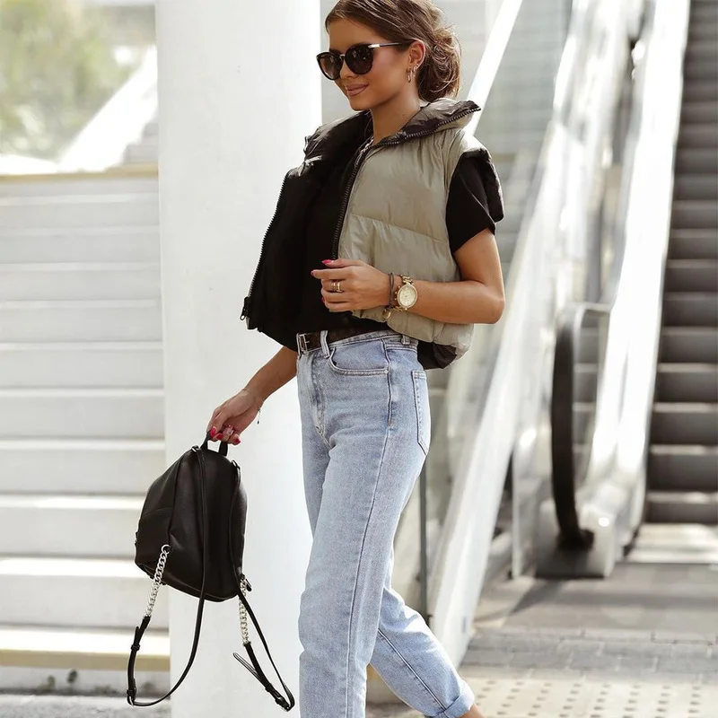 Ladies Cotton Double-sided Sleeveless Vest Parka Coat Zipper Stand-up Collar High Collar Warmth Thick Fashion Vest Short Jacket